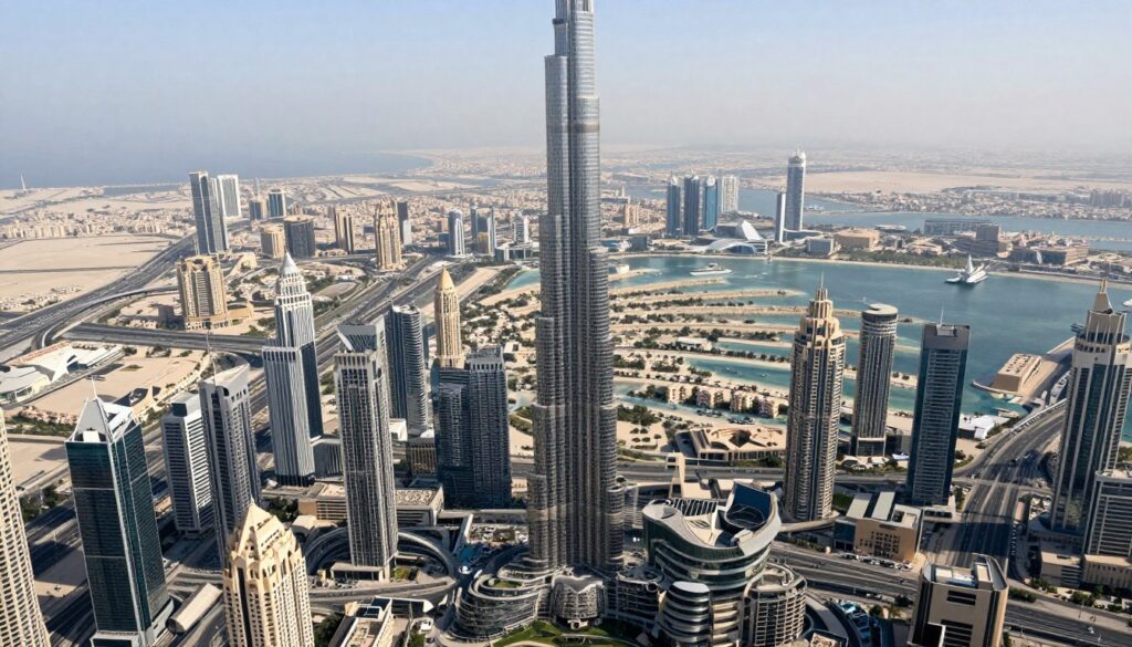 Dubai cityscape showing major areas served by car repair garage including Dubai Marina and Downtown