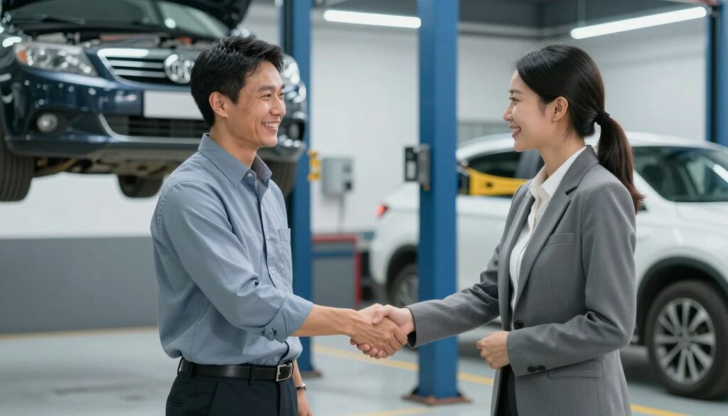 Satisfied customer shaking hand with garage manager after successful car repair service